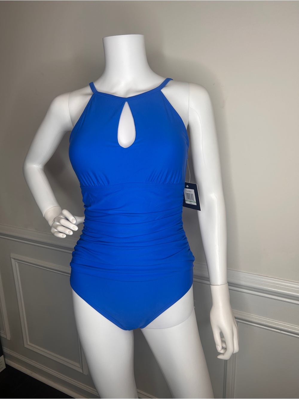 Ellen Tracy One Piece Swimsuit Women Size 8 Blue High Neck Ruched Slimming NWT - Picture 3 of 15